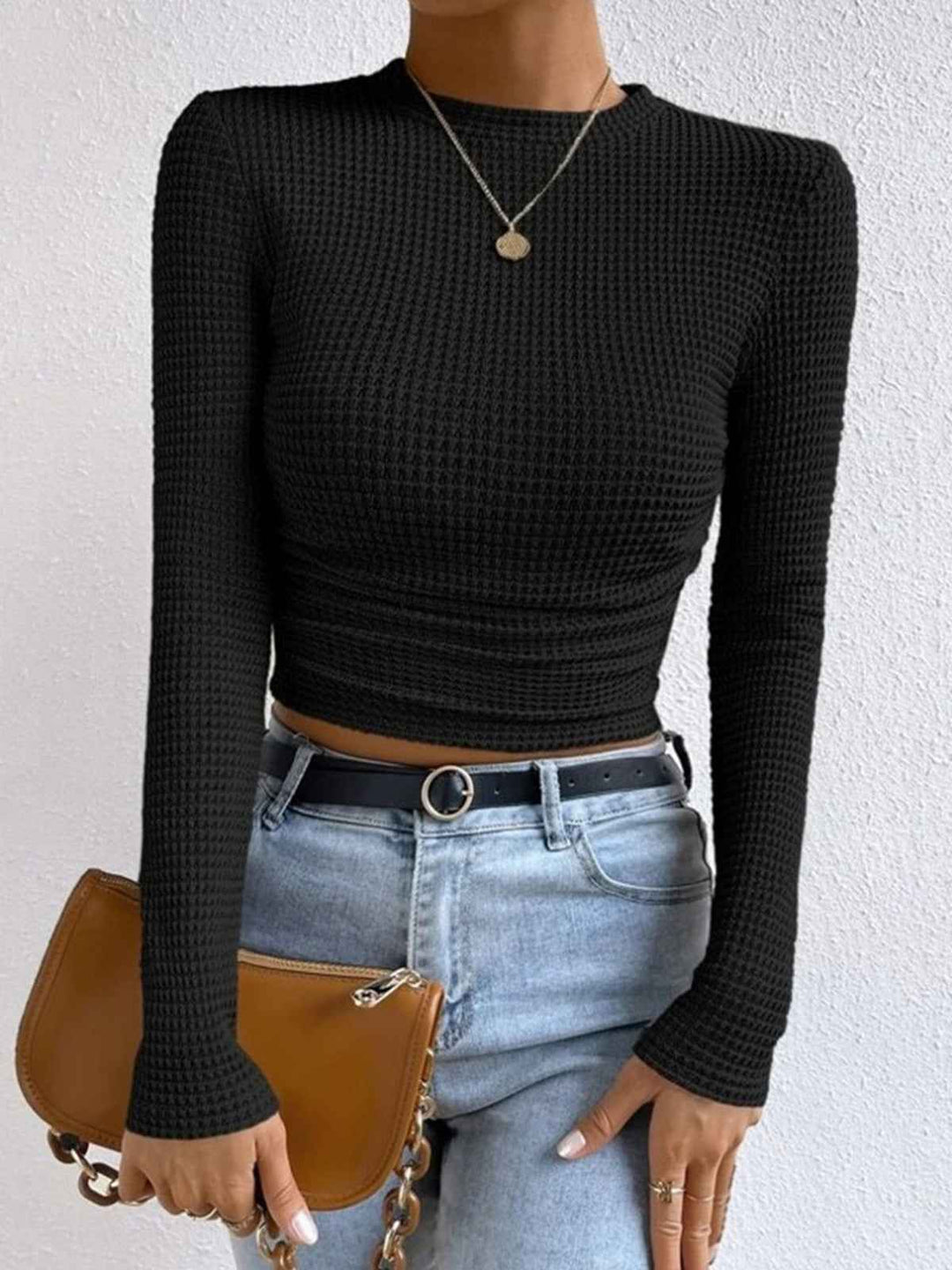 Sage | Women's Fitted Waffle Knit Long Sleeve Top