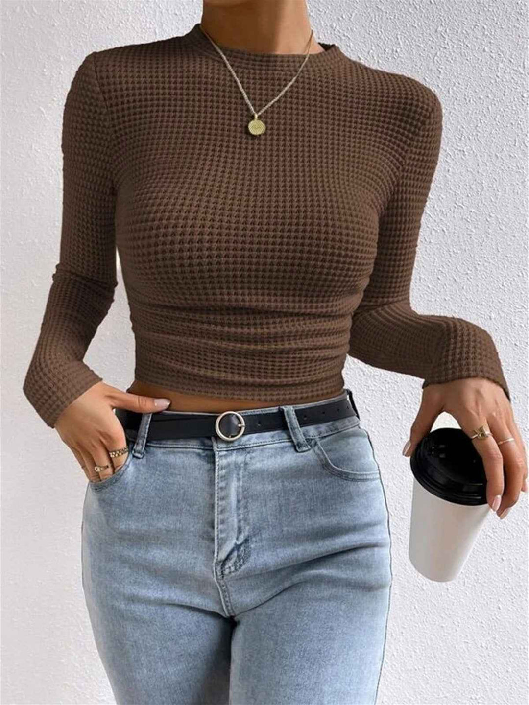 Sage | Women's Fitted Waffle Knit Long Sleeve Top