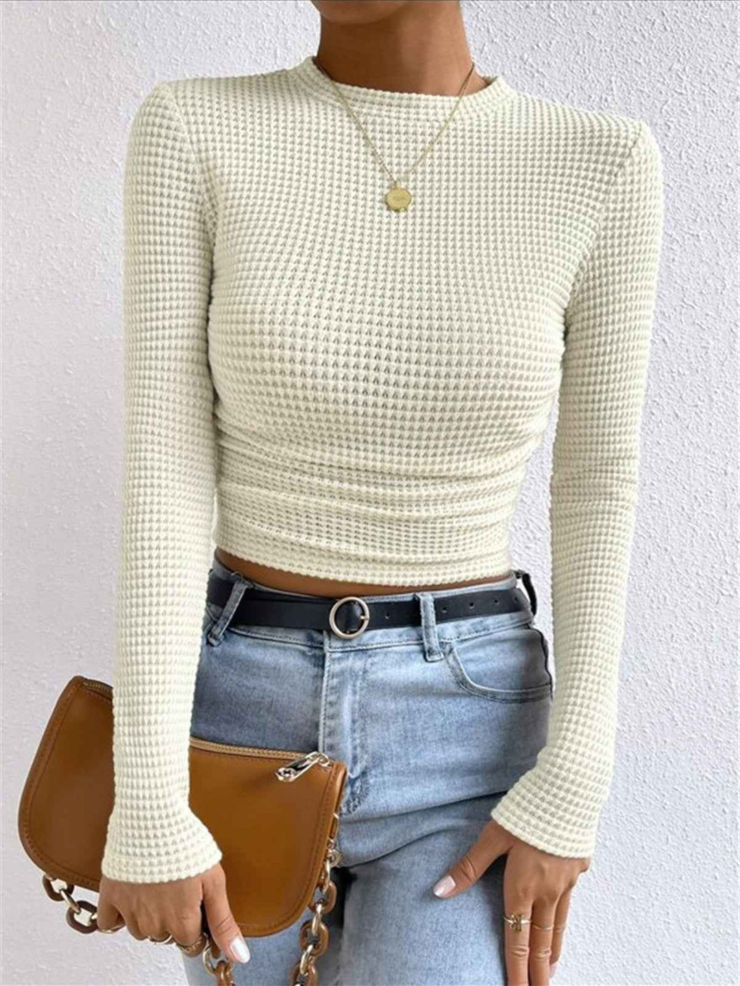 Sage | Women's Fitted Waffle Knit Long Sleeve Top Apricot