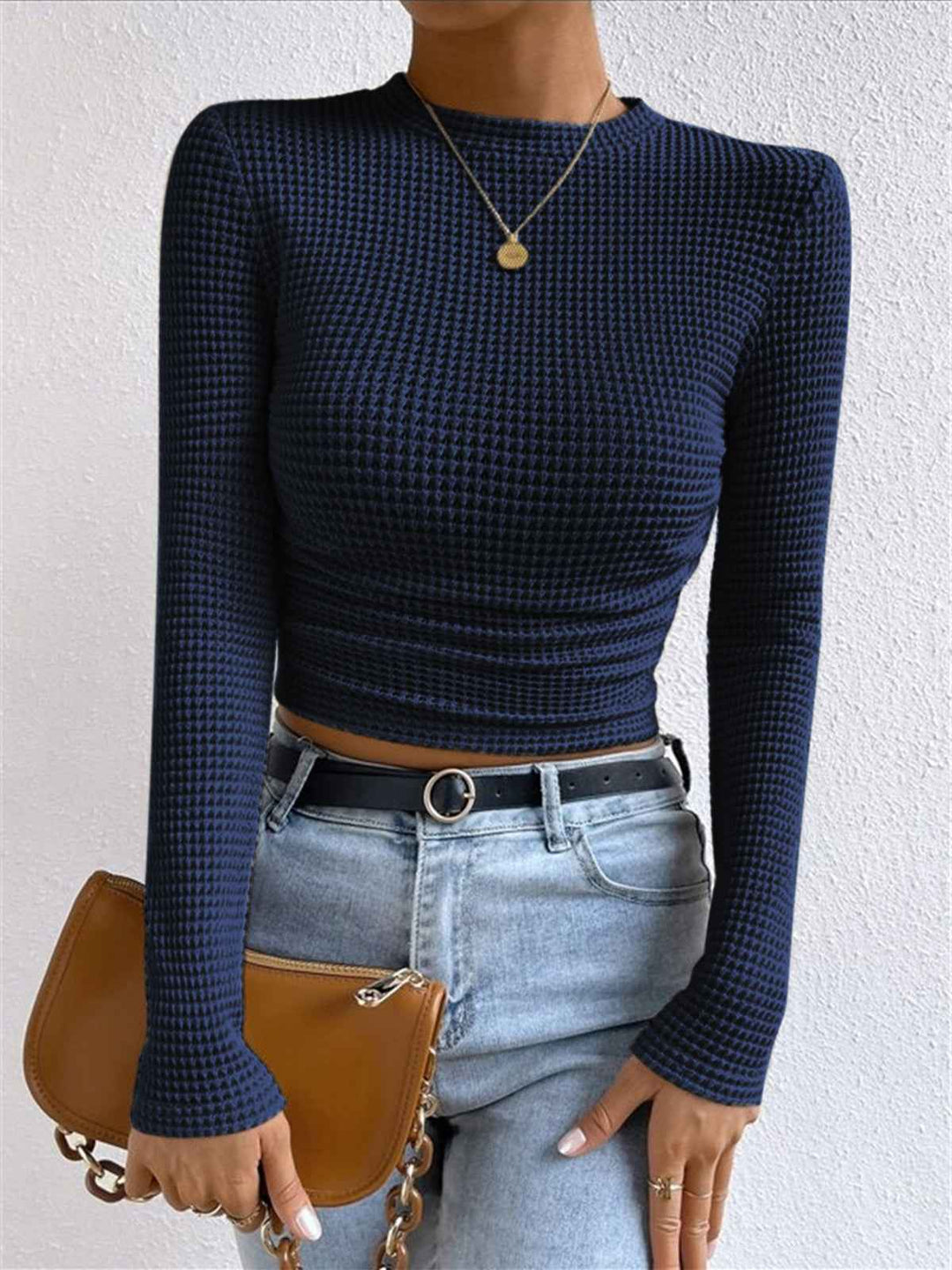 Sage | Women's Fitted Waffle Knit Long Sleeve Top Navy