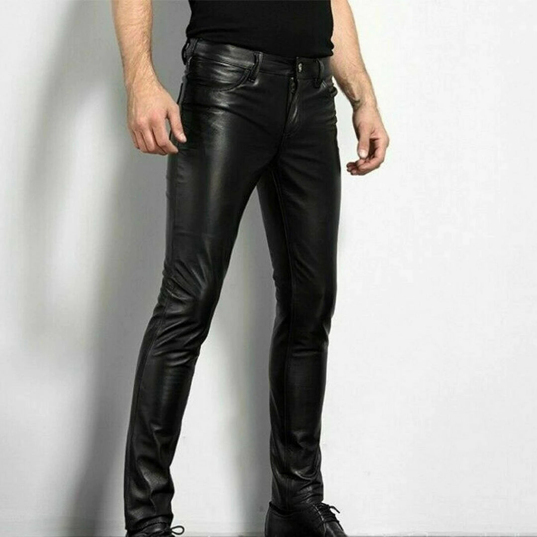 Men's Faux Leather Slim Fit Pants – Five Pockets, Full Length, Belt Loops Black