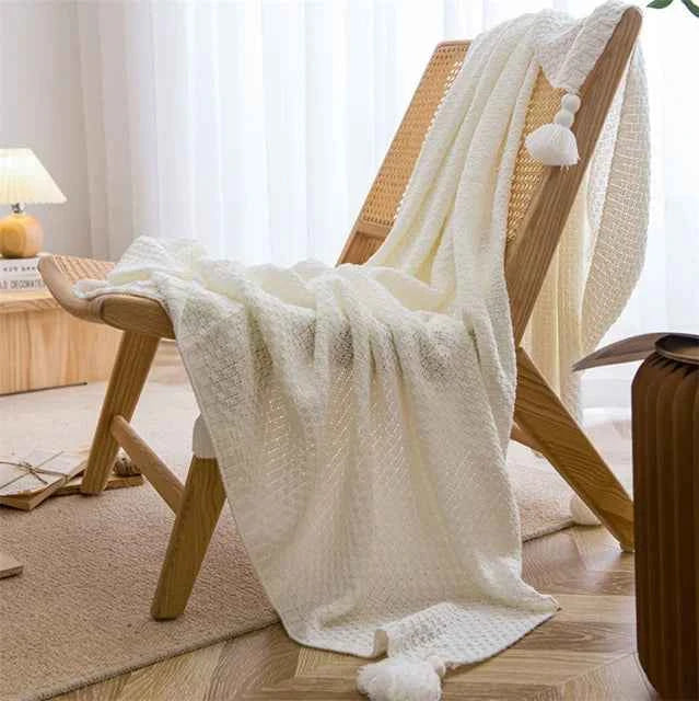Bamboo Cotton Knit Throw Blanket with Tasseled Edges White