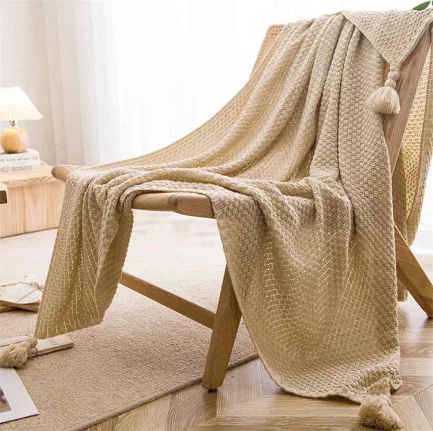 Bamboo Cotton Knit Throw Blanket with Tasseled Edges Khaki
