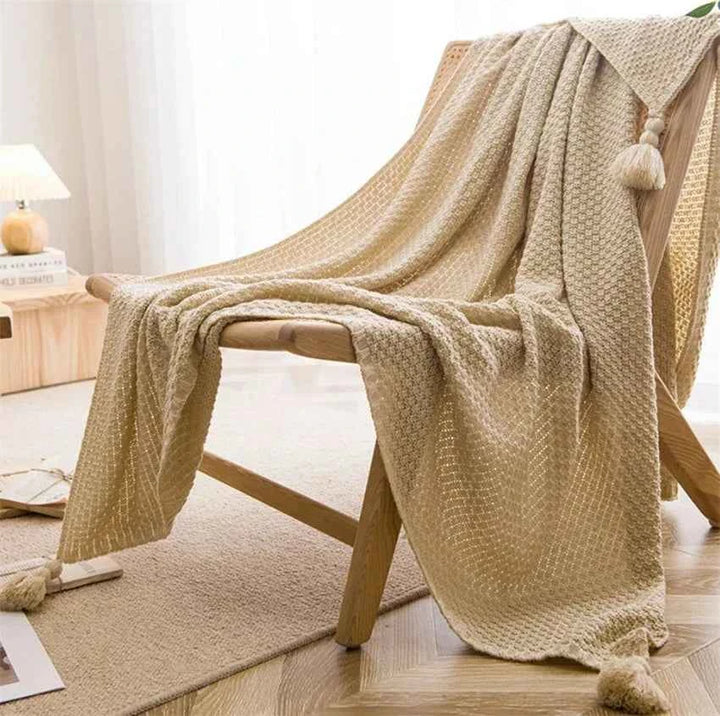 Bamboo Cotton Knit Throw Blanket with Tasseled Edges Khaki