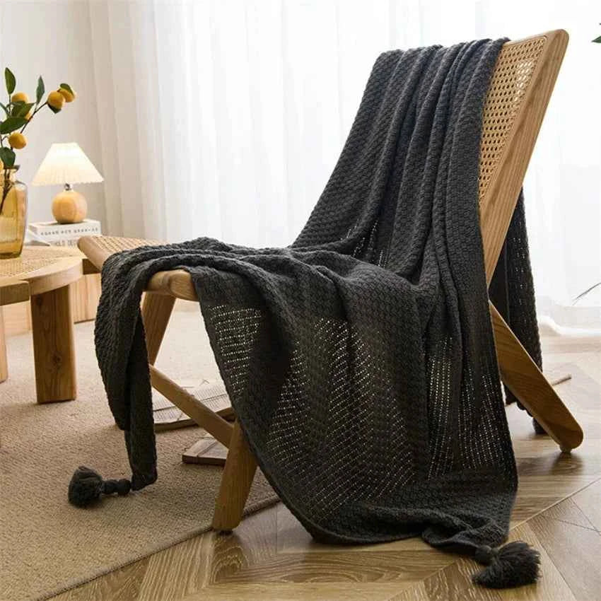 Bamboo Cotton Knit Throw Blanket with Tasseled Edges Dark Gray