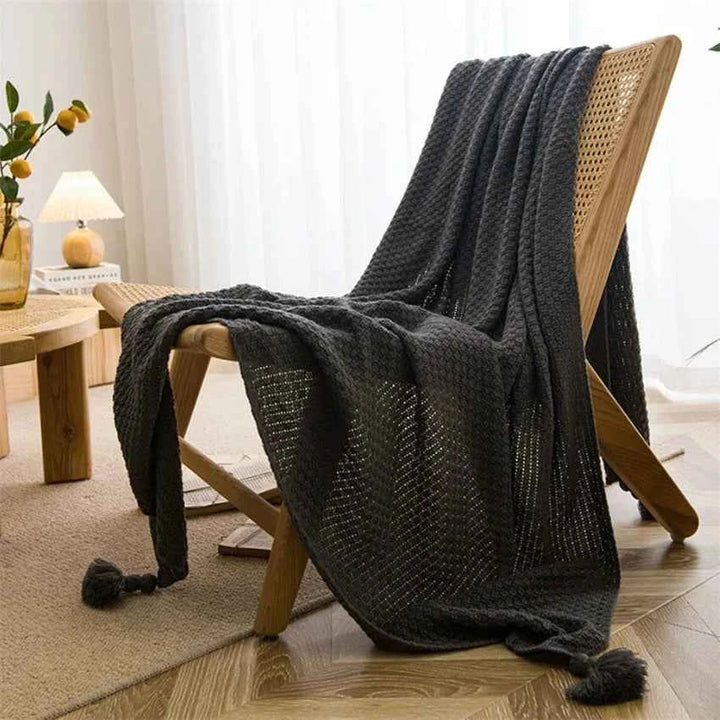 Bamboo Cotton Knit Throw Blanket with Tasseled Edges Dark Gray