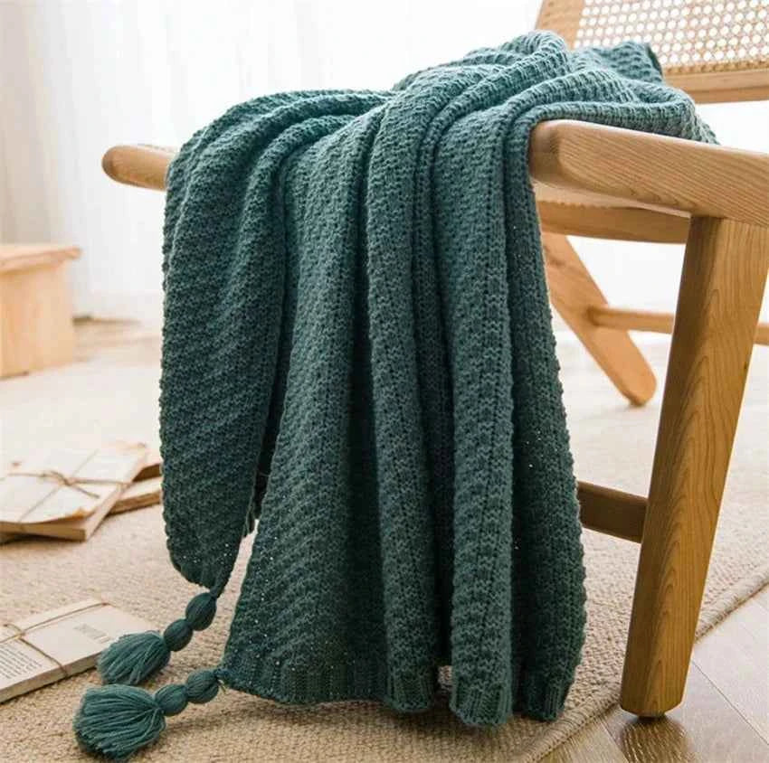 Bamboo Cotton Knit Throw Blanket with Tasseled Edges Blue