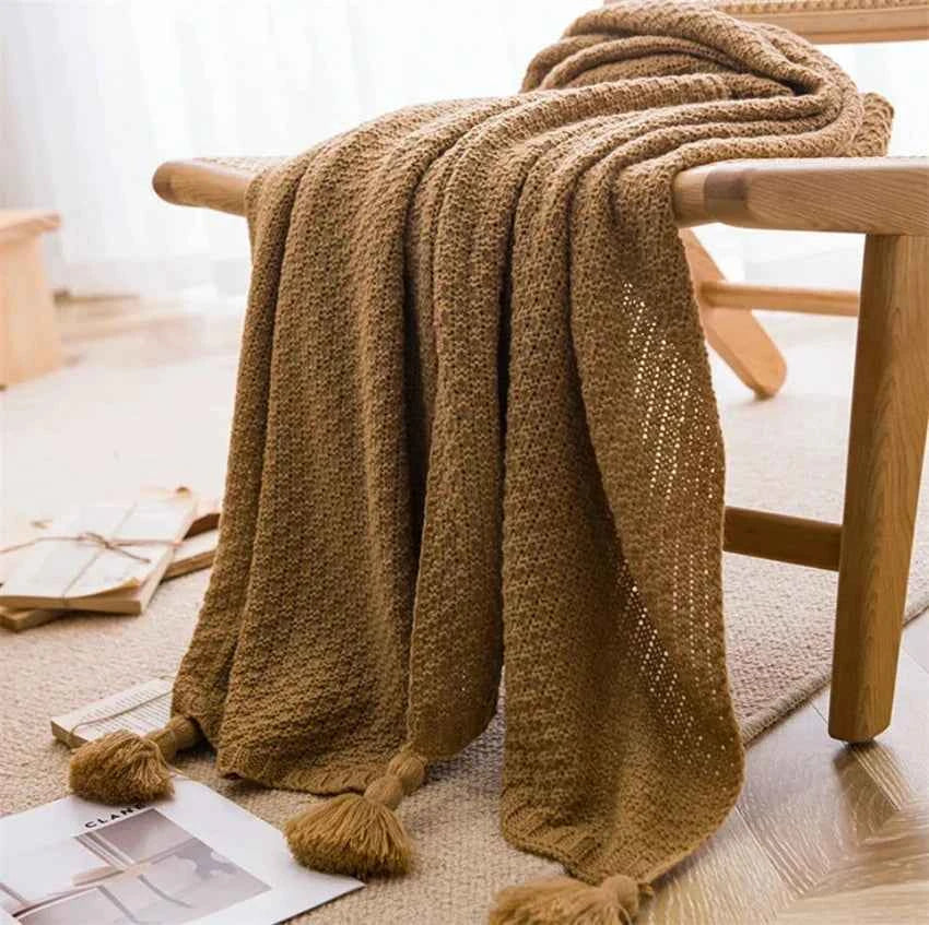 Bamboo Cotton Knit Throw Blanket with Tasseled Edges Coffee