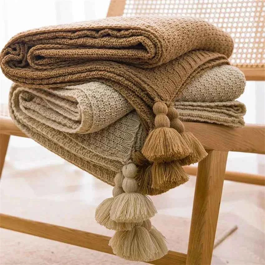 Bamboo Cotton Knit Throw Blanket with Tasseled Edges