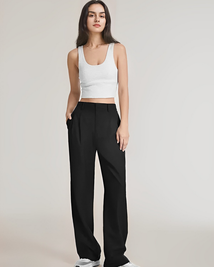 Jiska | Women's Stylish High Waist Wide Leg Trousers - Trendy & Comfy Black
