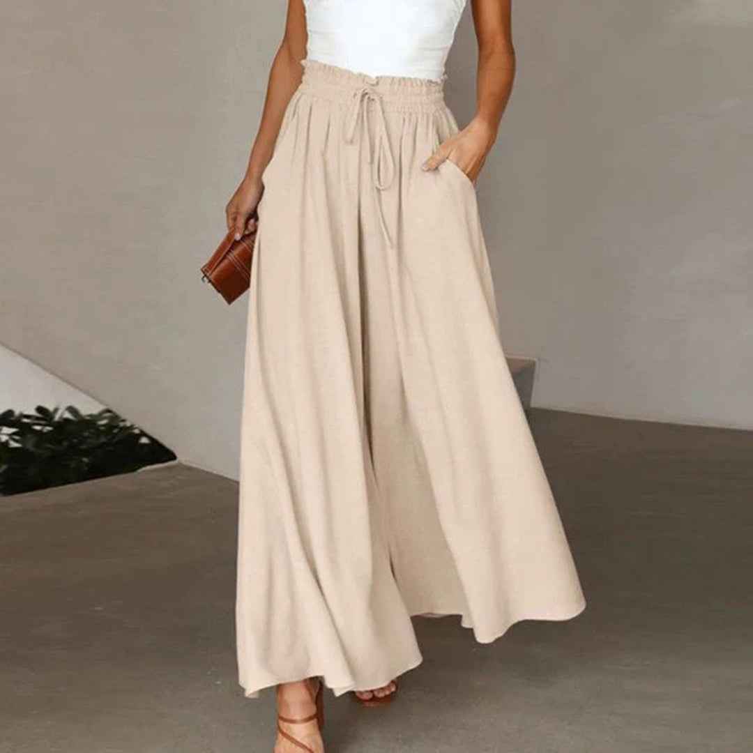 Gabriella | High Waist Elastic Pants with Drawstring – A-Line – With Pockets – Long and Airy Beige