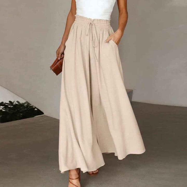 Gabriella | High Waist Elastic Pants with Drawstring – A-Line – With Pockets – Long and Airy Beige