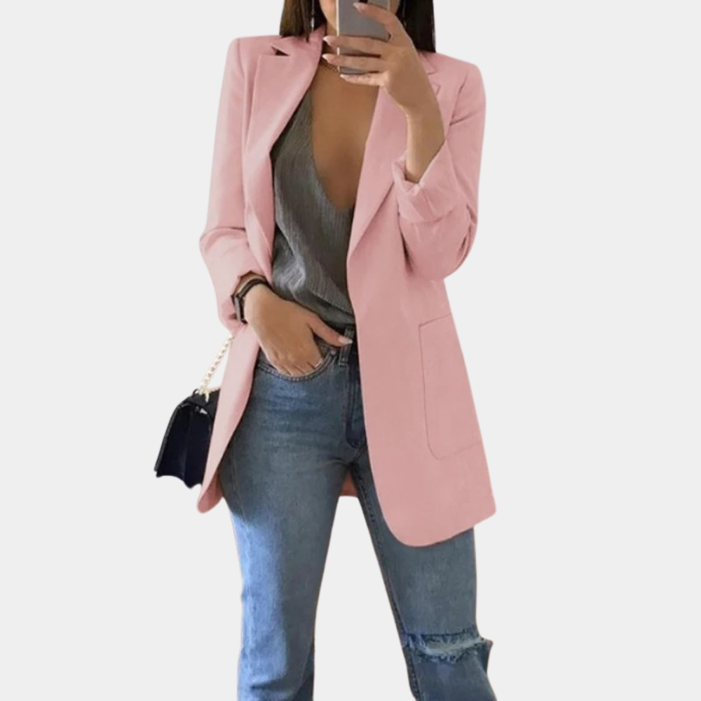 Women's Fitted Mid-Length Blazer - Single-Breasted with Flap Pockets and Notch Lapel Pink