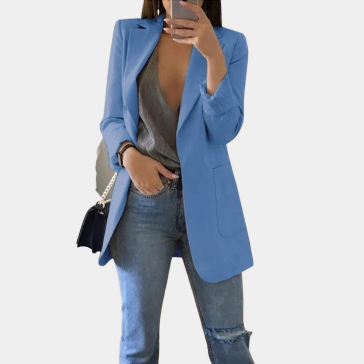 Women's Fitted Mid-Length Blazer - Single-Breasted with Flap Pockets and Notch Lapel Blue
