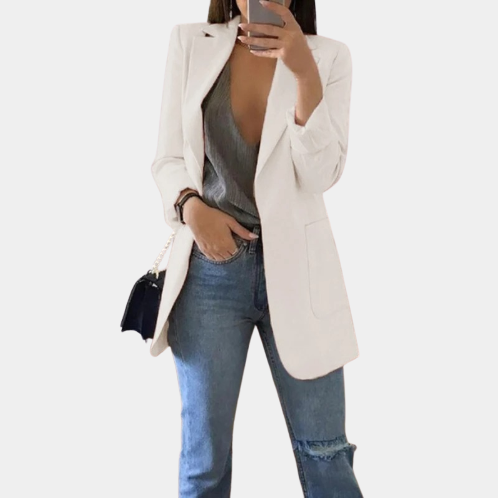 Women's Fitted Mid-Length Blazer - Single-Breasted with Flap Pockets and Notch Lapel White