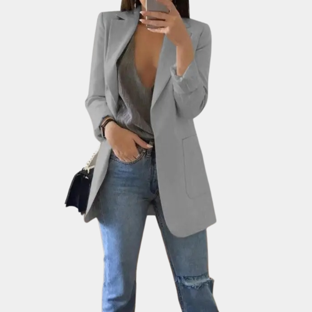 Women's Fitted Mid-Length Blazer - Single-Breasted with Flap Pockets and Notch Lapel