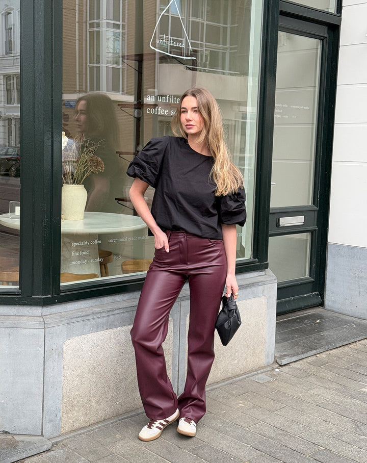Jennie | Women's Bordeaux Red Straight Leg Pants in Luxe PU Leather