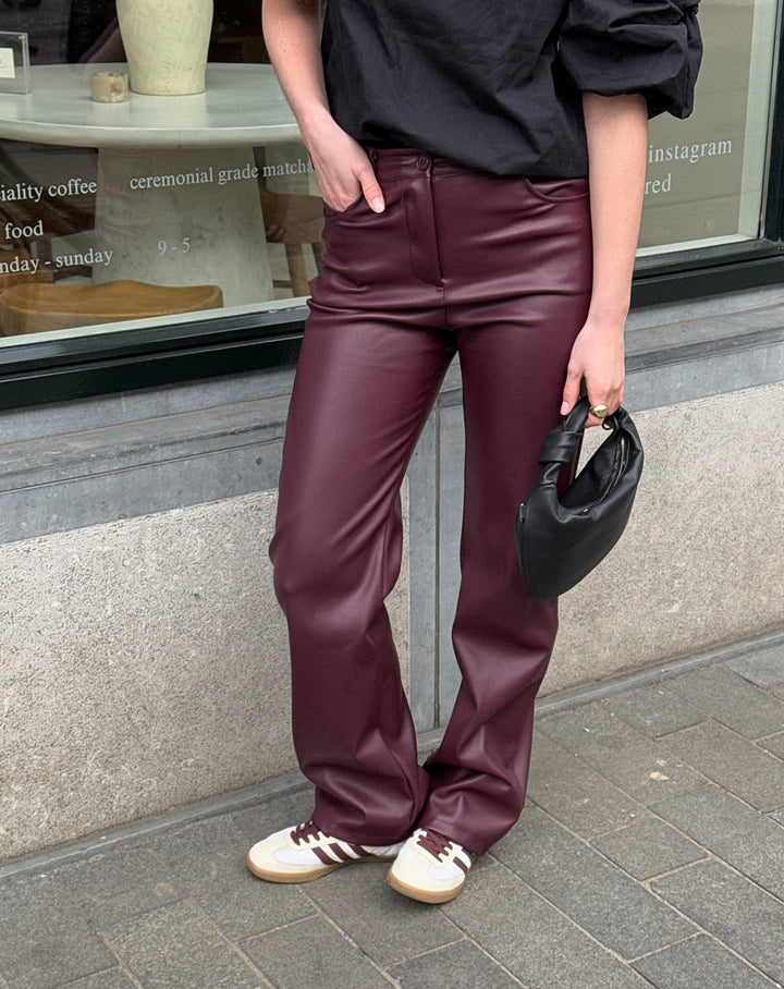 Jennie | Women's Bordeaux Red Straight Leg Pants in Luxe PU Leather