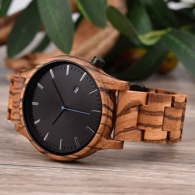 Wooden Striped Dial Date Wristwatch