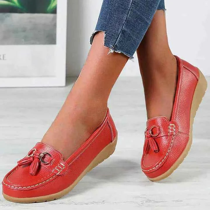 Women's Leather Moccasins - Stylish and Comfortable Footwear Red