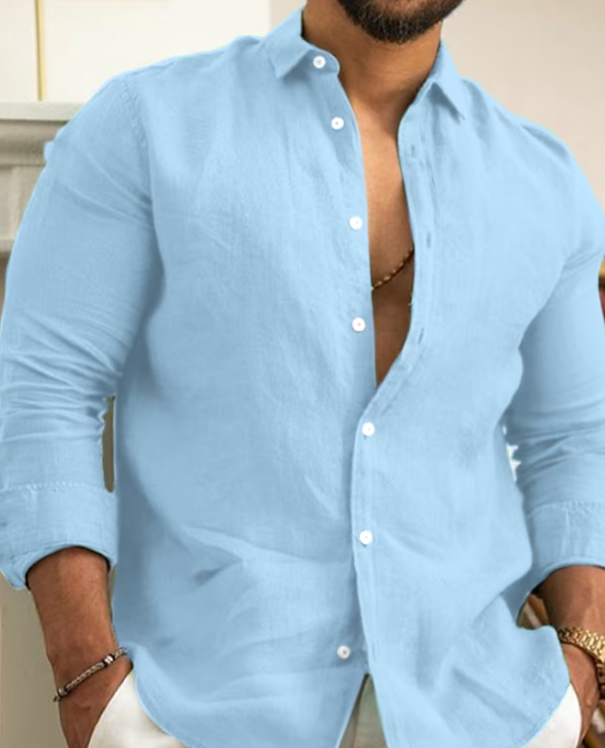 Men's Slim Fit Linen Shirt – Long Sleeve – Breathable & Stylish Blue