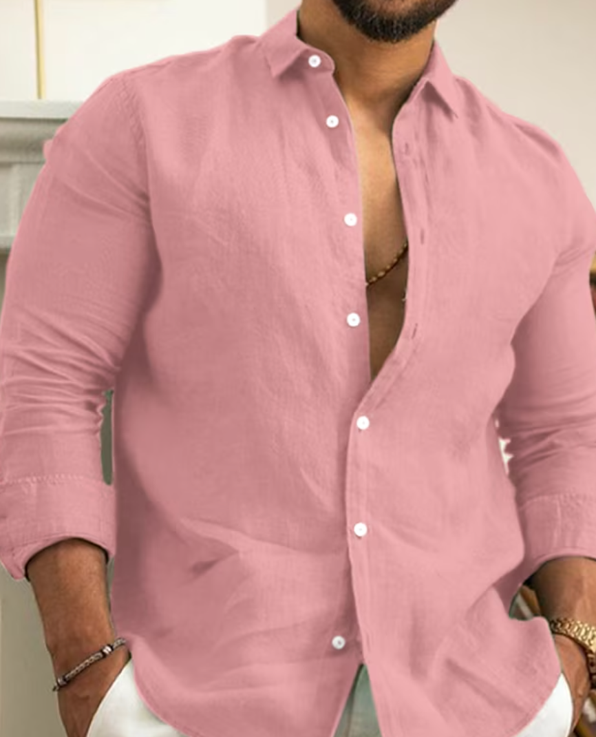 Men's Slim Fit Linen Shirt – Long Sleeve – Breathable & Stylish Pink