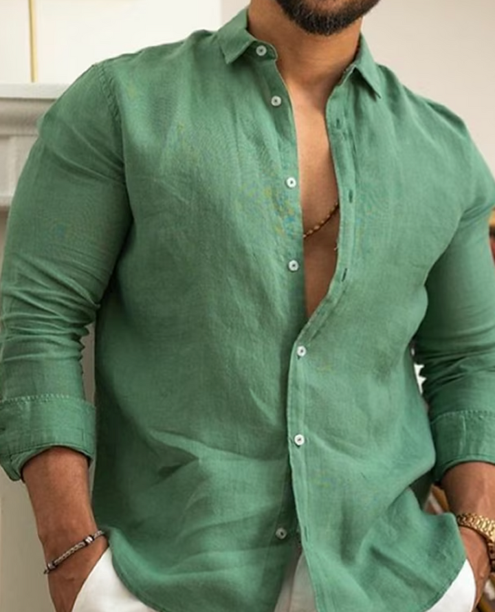 Men's Slim Fit Linen Shirt – Long Sleeve – Breathable & Stylish Green