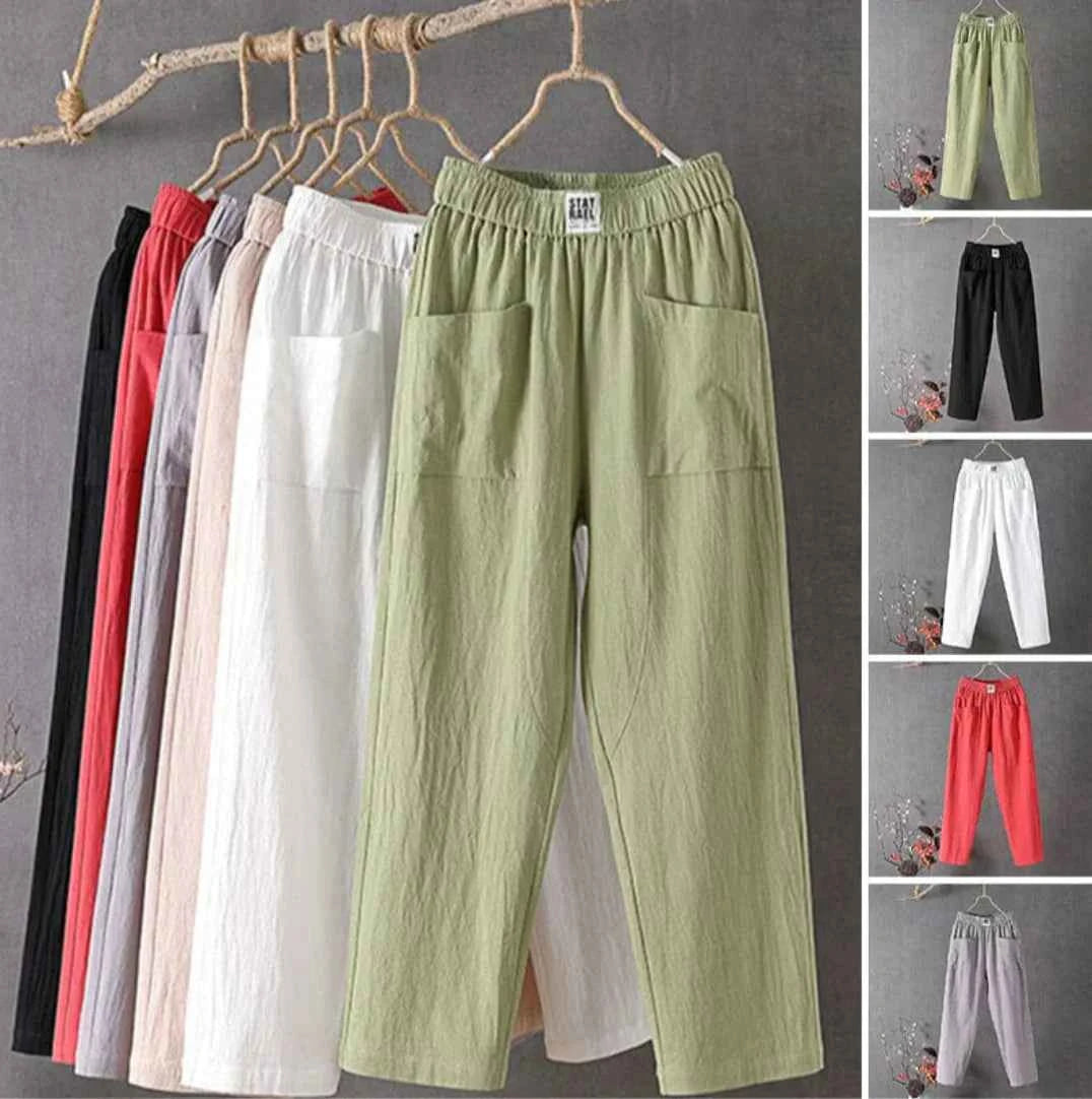 Women's Casual Cotton-Linen Trousers with Elastic Waistband
