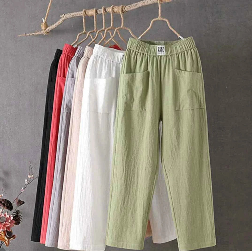 Women's Casual Cotton-Linen Trousers with Elastic Waistband