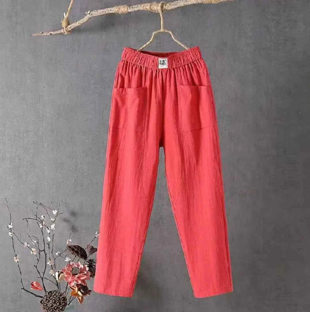 Women's Casual Cotton-Linen Trousers with Elastic Waistband Red