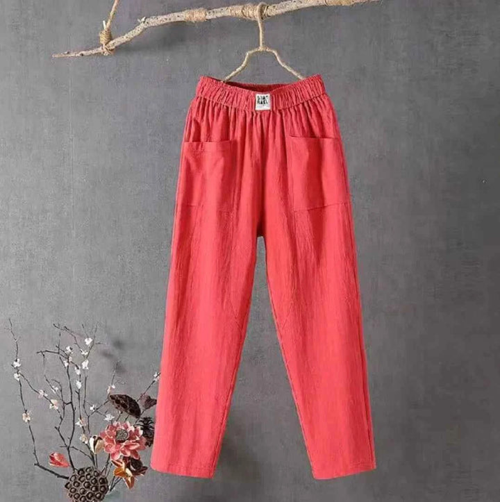 Women's Casual Cotton-Linen Trousers with Elastic Waistband Red