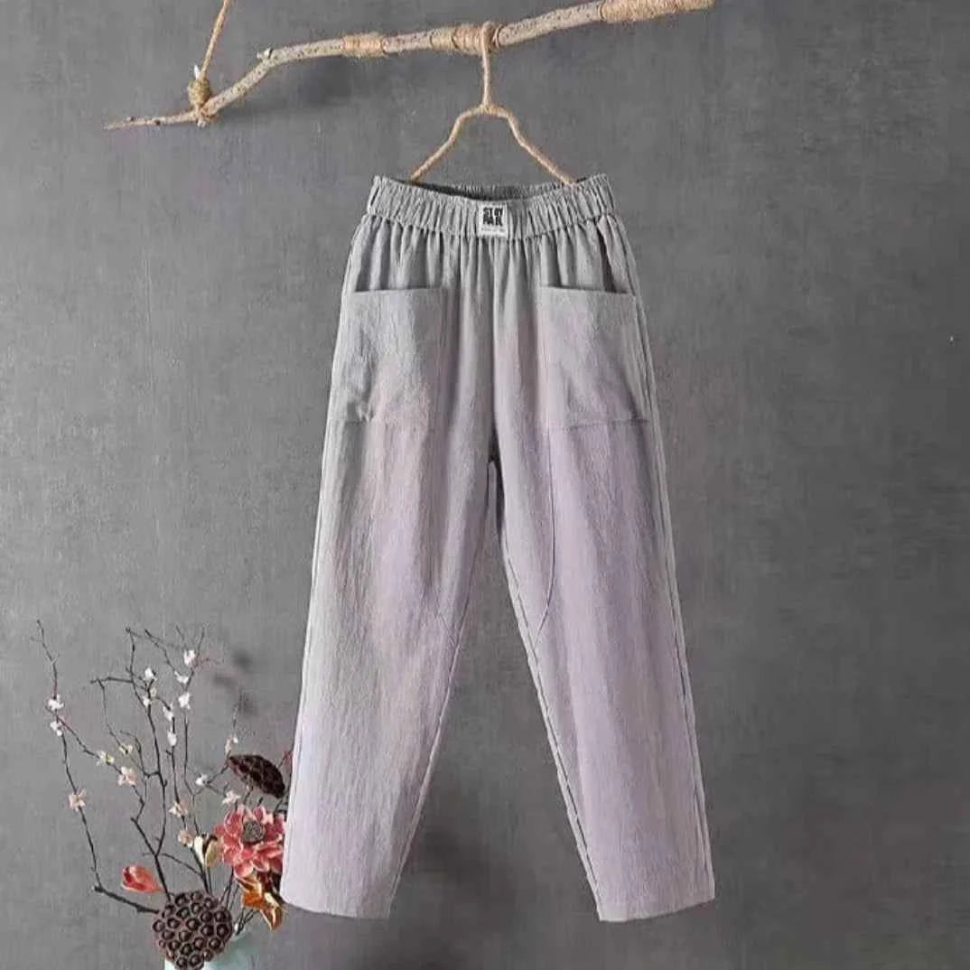 Women's Casual Cotton-Linen Trousers with Elastic Waistband Grey