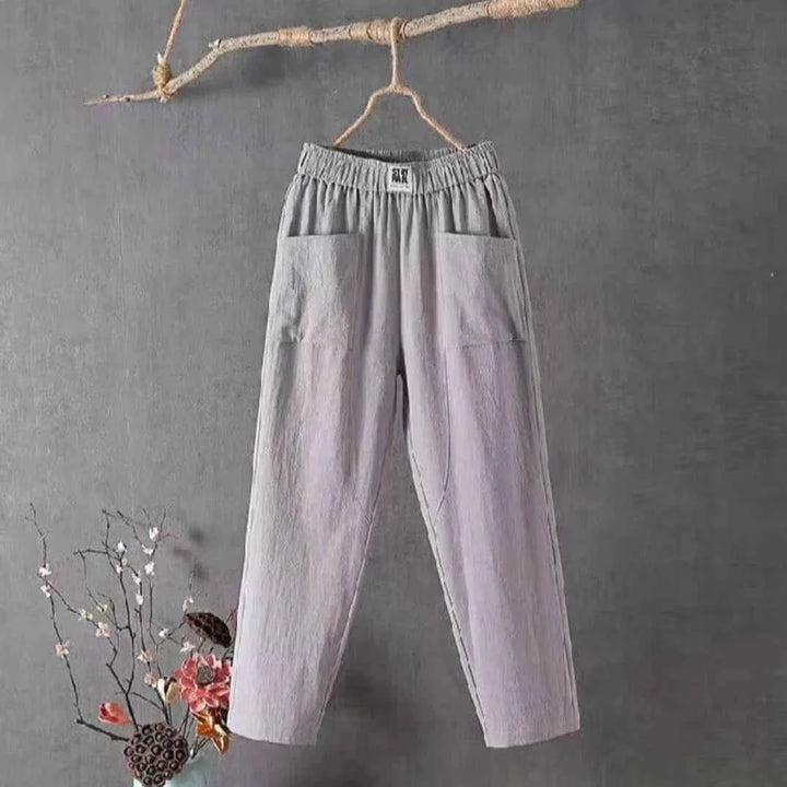 Women's Casual Cotton-Linen Trousers with Elastic Waistband Grey