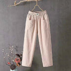 Women's Casual Cotton-Linen Trousers with Elastic Waistband Pink