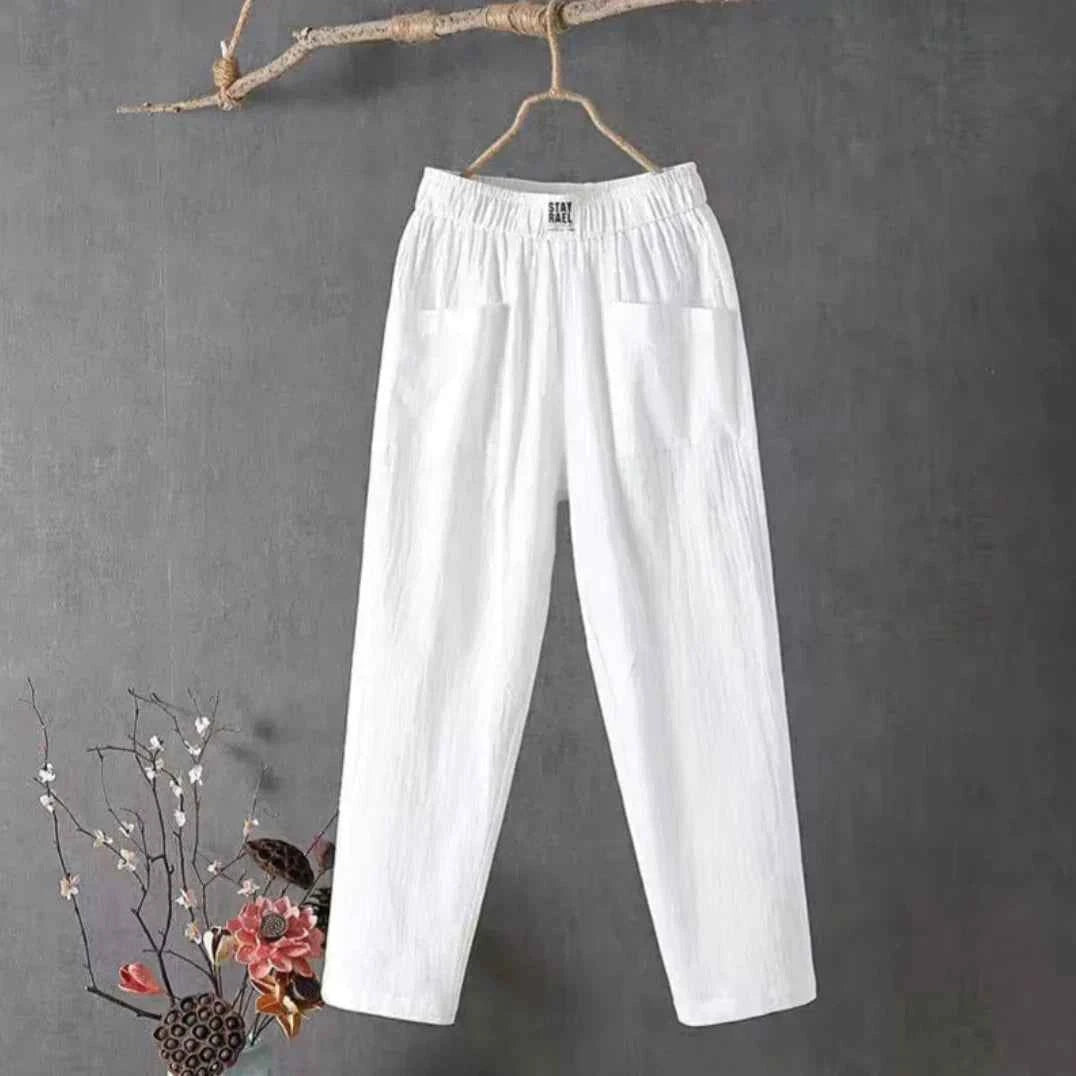 Women's Casual Cotton-Linen Trousers with Elastic Waistband White