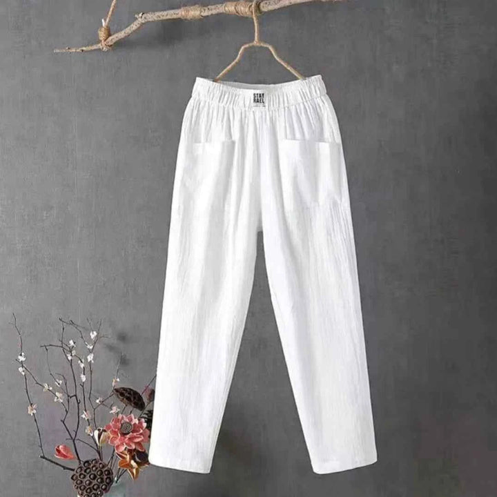 Women's Casual Cotton-Linen Trousers with Elastic Waistband White