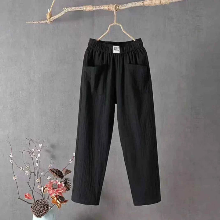 Women's Casual Cotton-Linen Trousers with Elastic Waistband Black