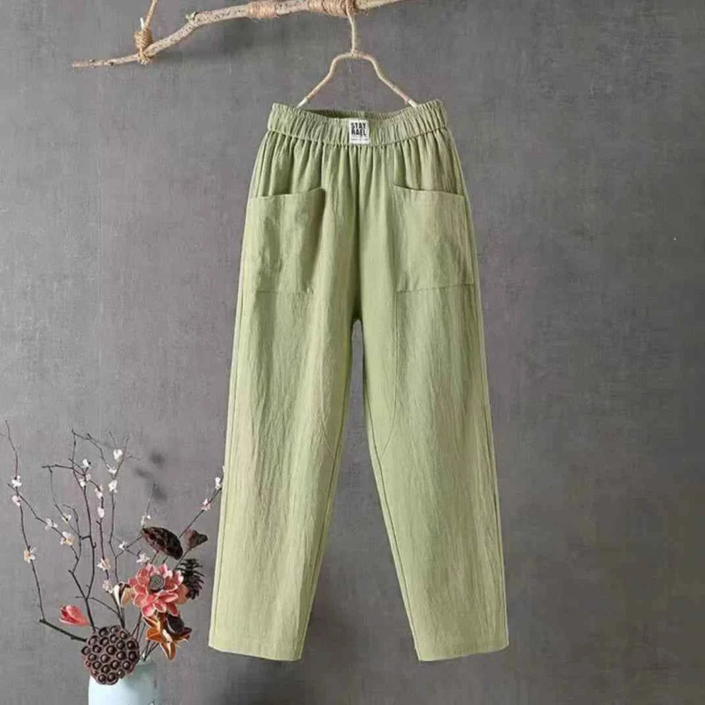 Women's Casual Cotton-Linen Trousers with Elastic Waistband Green
