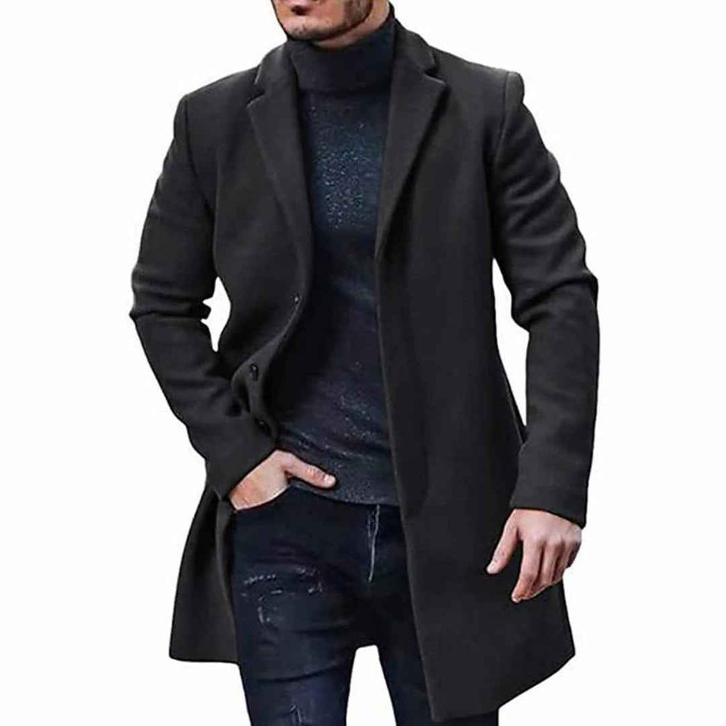 Men's Wool Blend Coat – Tailored Fit – Knee Length – Button Closure – Smart Casual Black
