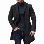 Men's Wool Blend Coat – Tailored Fit – Knee Length – Button Closure – Smart Casual Black