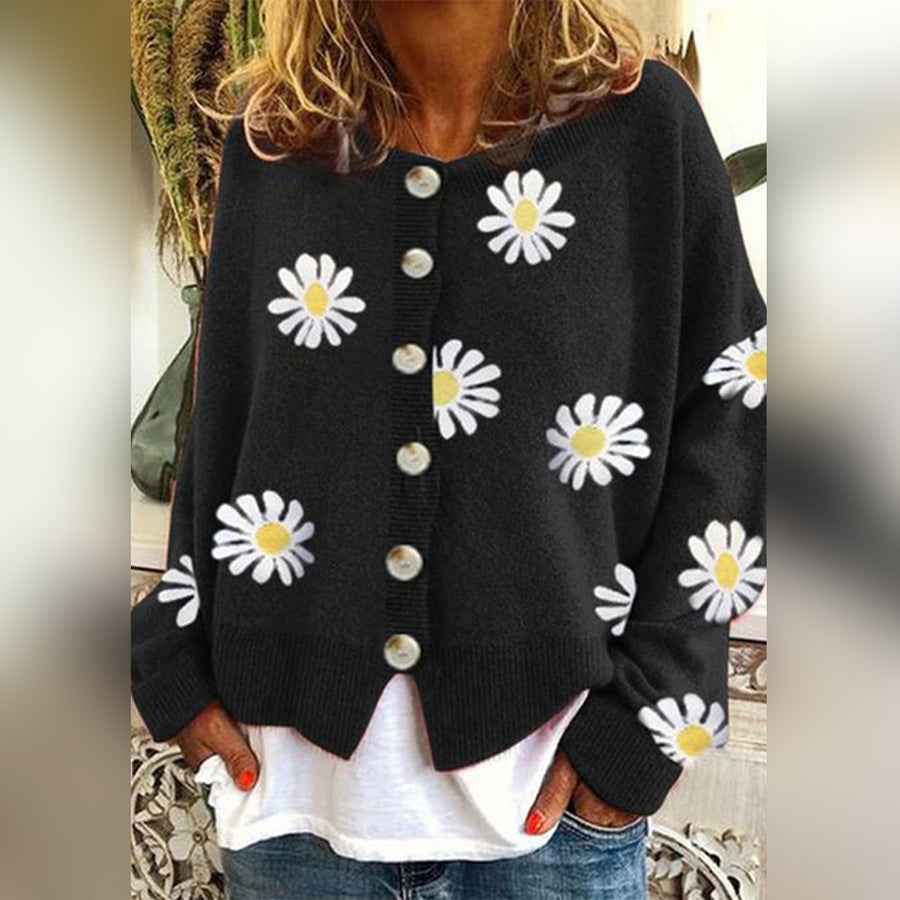 Women's Casual Floral Button Cardigan Black
