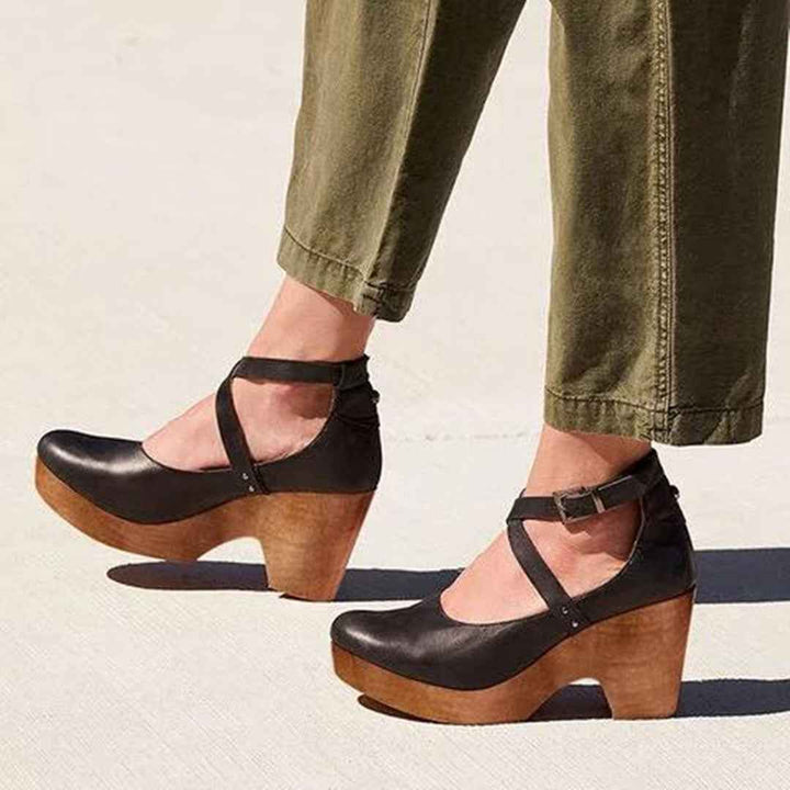 Teresa | Elegant Wedge Heels with Closed Toe & Ankle Strap Black