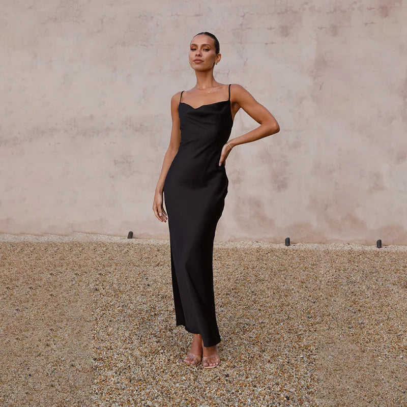 Blair | Women's Luxe Satin Maxi Dress with Open Back Black