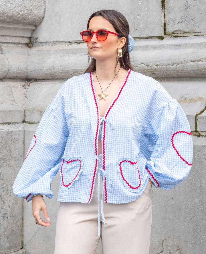 Women's Gingham Check Blouse - Loose Fit with Ruffles and Front Tie Blue