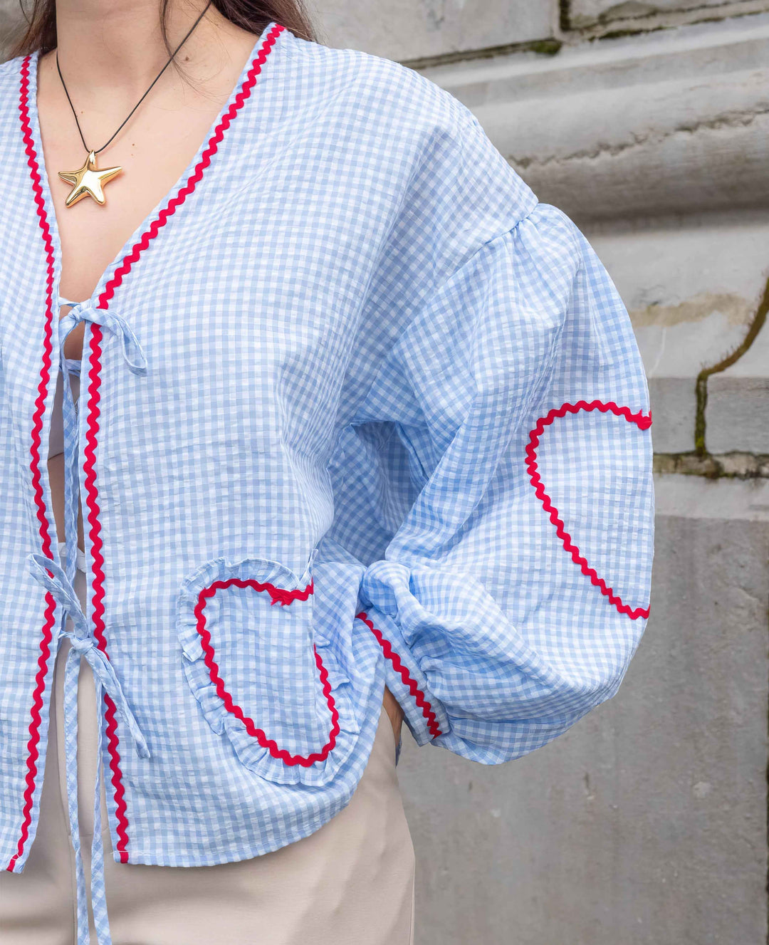 Women's Gingham Check Blouse - Loose Fit with Ruffles and Front Tie
