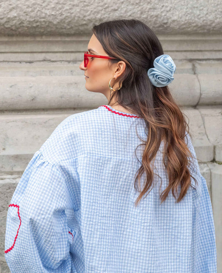 Women's Gingham Check Blouse - Loose Fit with Ruffles and Front Tie