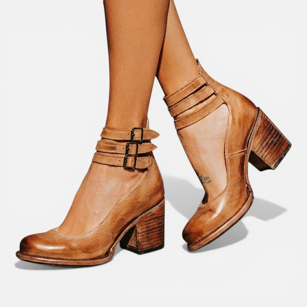 Women's Block Heel Ankle Boots with Buckle Strap for Comfort Light Brown