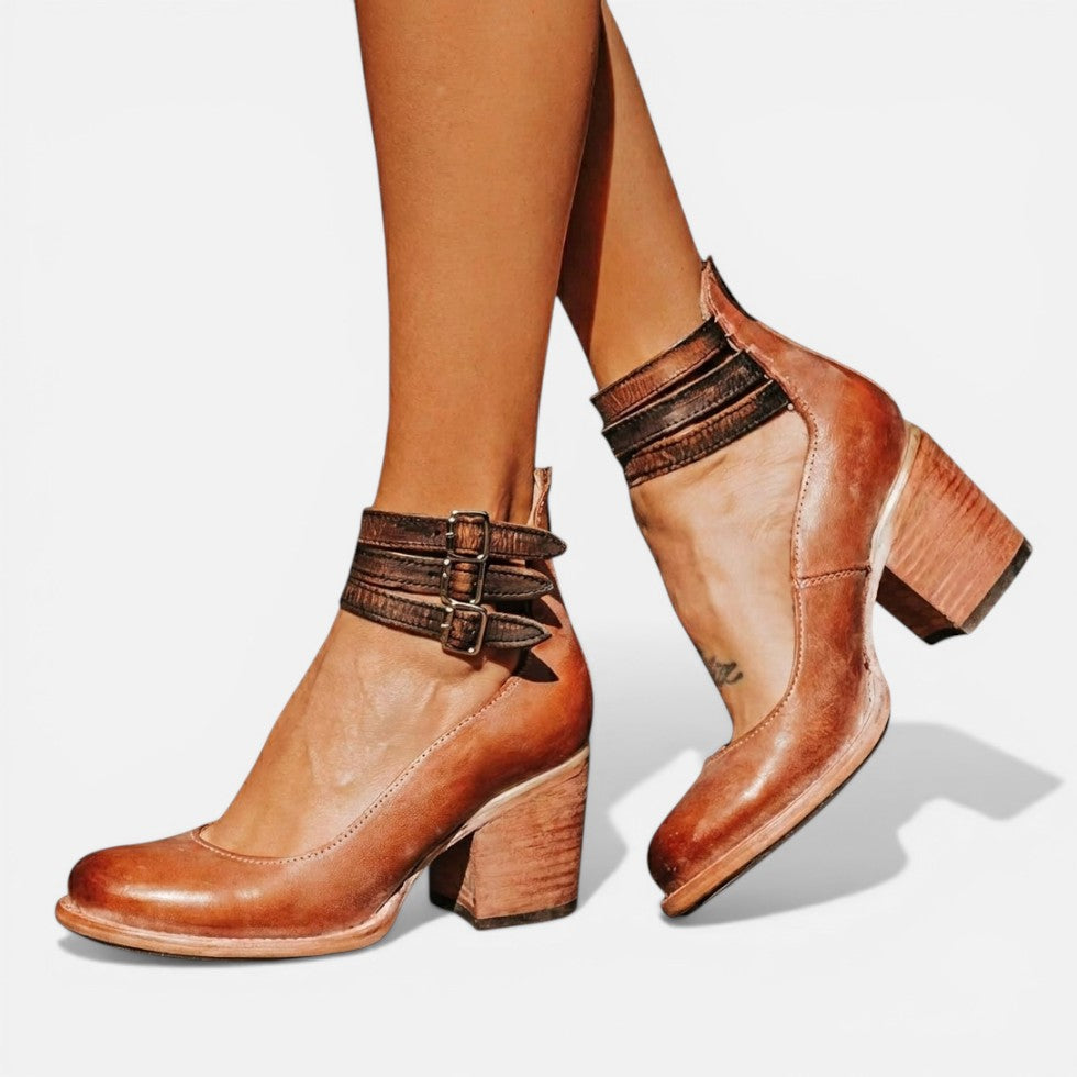Women's Block Heel Ankle Boots with Buckle Strap for Comfort Brown