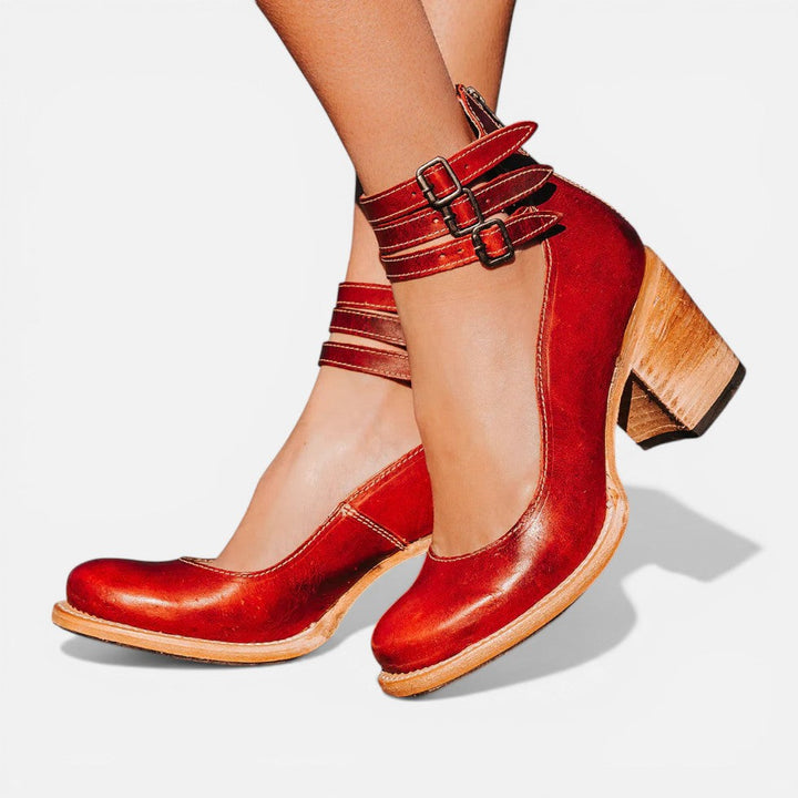 Women's Block Heel Ankle Boots with Buckle Strap for Comfort Red