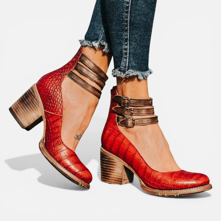 Women's Block Heel Ankle Boots with Buckle Strap for Comfort Red Brown